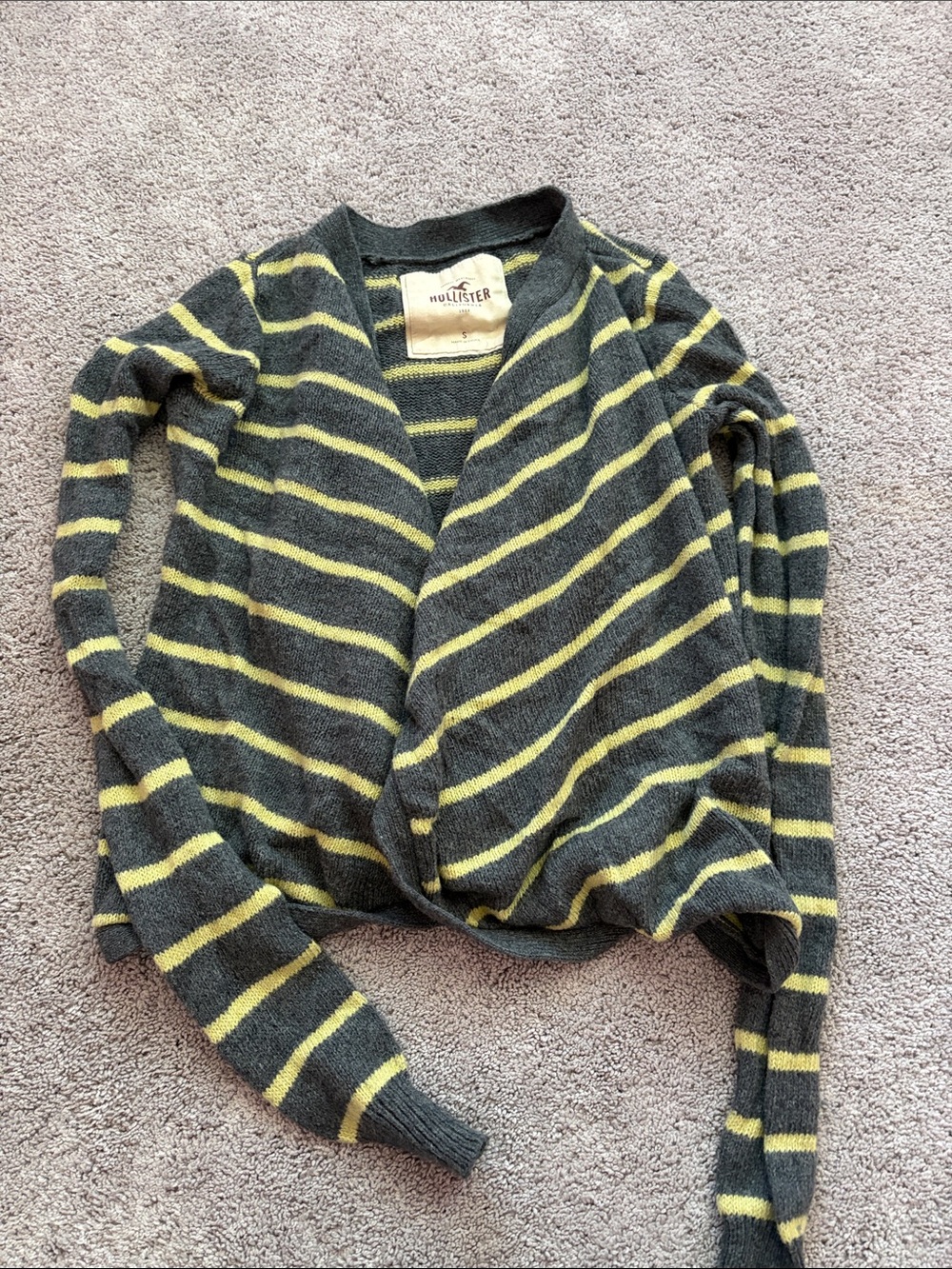 Hollister Women's Charcoal Gray & Lemon Stripe Open Cardigan